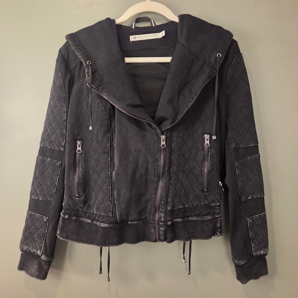 Blanc Noir Women's Knit Moto Jacket Acid Wash Hood Quilted Mesh Lace Up Zippers